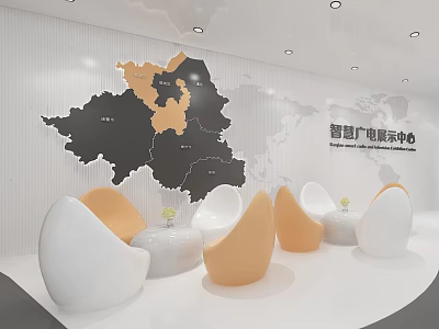 Smart Radio TV Exhibition Center Lounge Area with White Orange Egg Chairs and Map Decor 3d model