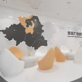Smart Radio TV Exhibition Center Lounge Area with White Orange Egg Chairs and Map Decor