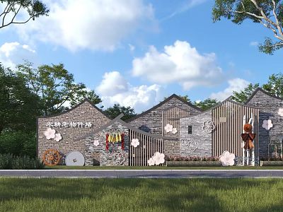 Rural Farmhouse With Stone Wall Wooden Fence Flower Decorations And Person In Countryside 3d model