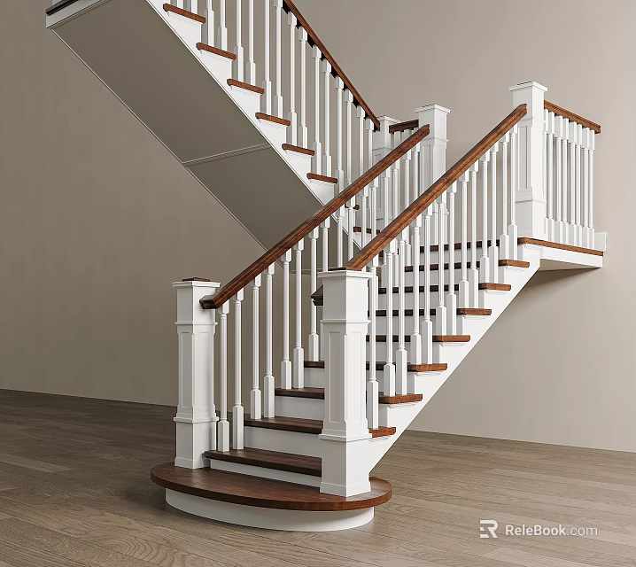 Indoor Staircase With White Railings Wooden Handrail Curved Design Light Colored Walls And Wooden Floor 3d model 