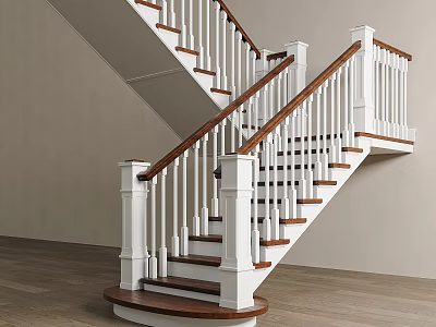 Indoor Staircase With White Railings Wooden Handrail Curved Design Light Colored Walls And Wooden Floor 3d model