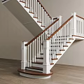Indoor Staircase With White Railings Wooden Handrail Curved Design Light Colored Walls And Wooden Floor