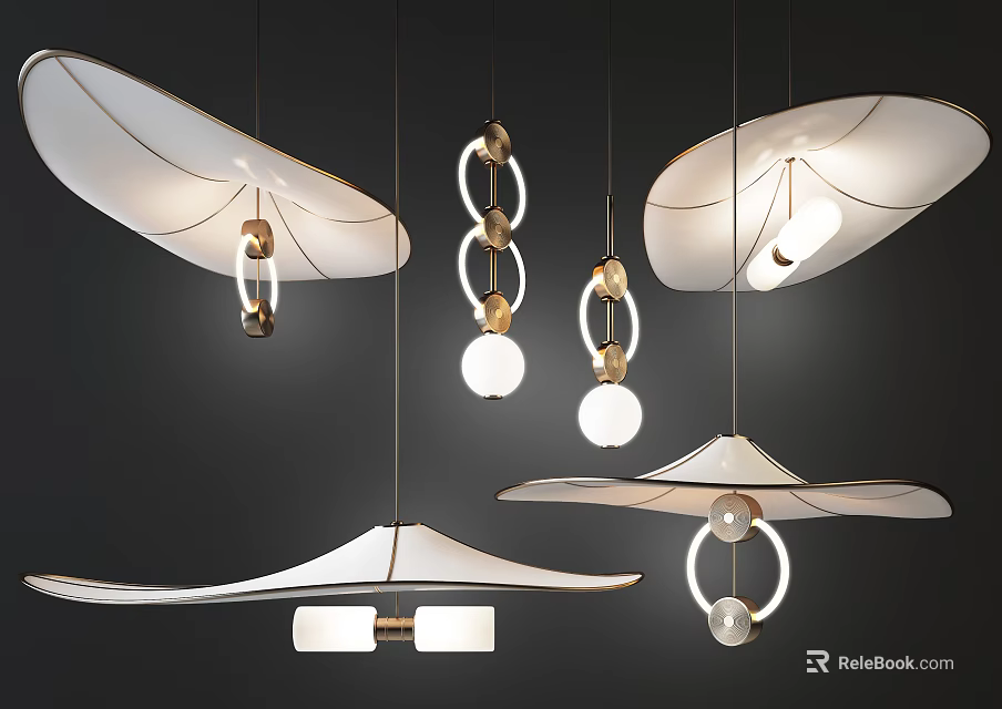 Modern Chandeliers With Unique White Shades Gold Ring Accents And Spherical Design Elements 3d model 