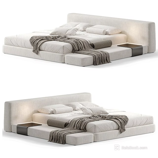 Elegant Modern Upholstered Double Bed With Soft Headboard Side Tables And Blanket 3d model 