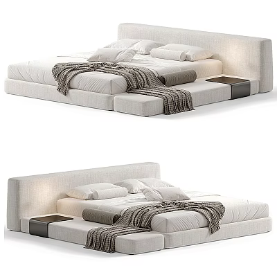 Elegant Modern Upholstered Double Bed With Soft Headboard Side Tables And Blanket 3d model