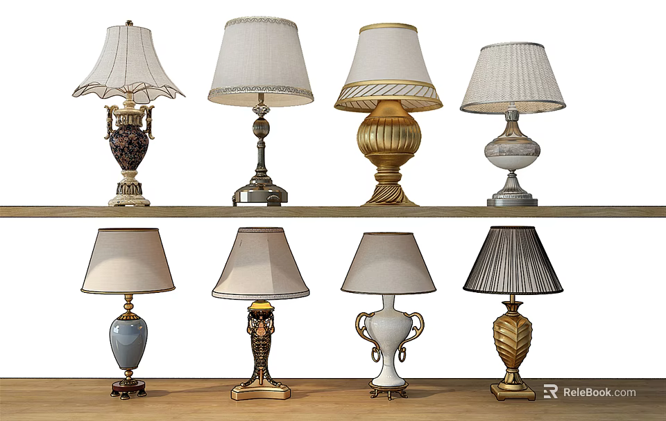 Assorted Stylish Table Lamps With Decorative Bases And Diverse Lampshade Designs 3d model 