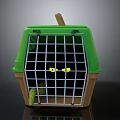 Green Pet Cage With Grid Door Wooden Handle And Yellow Eyed Pet Inside