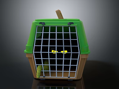 Green Pet Cage With Grid Door Wooden Handle And Yellow Eyed Pet Inside 3d model