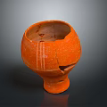 Orange Ceramic Sculpture with Cracked Surface and White Line Carvings