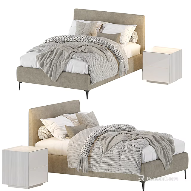 Modern Cozy Double Bed With Beige Frame White Nightstand And Soft Blanket 3d model