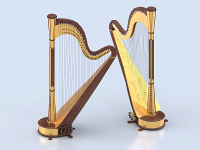 Two Elegant Golden Brown Harps Musical Instruments With Exquisite Design 3d model