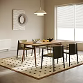 Wooden Dining Table With Dark Chairs Geometric Rug Window Blinds Wall Decor And Ceiling Lamp