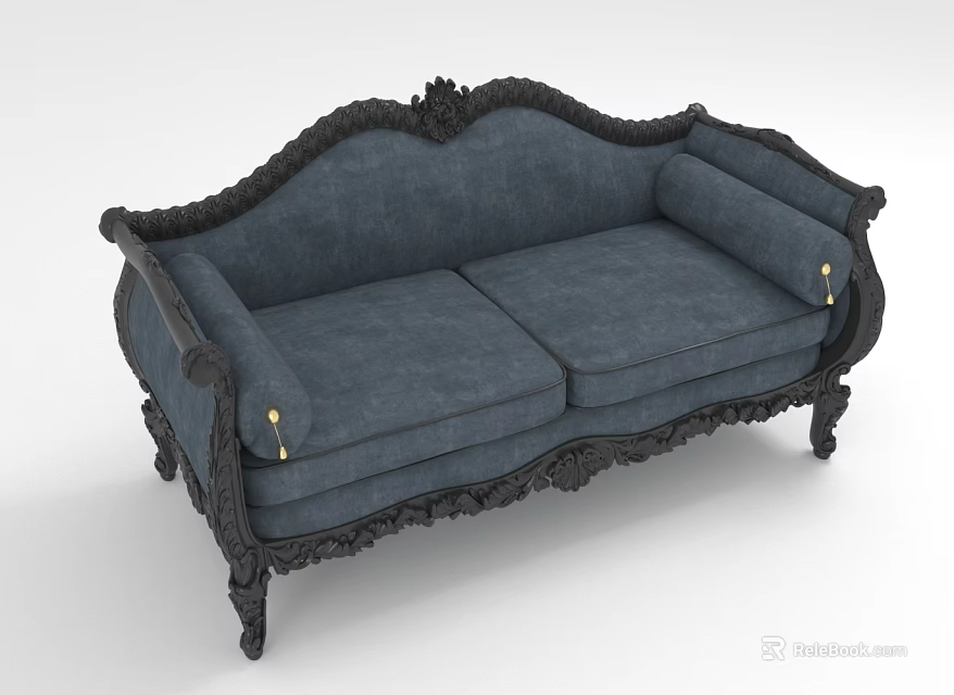 Classic Two Seater Sofa With Carved Frame Navy Blue Upholstery And Brass Rivets 3d model 