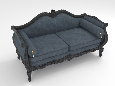 Classic Two Seater Sofa With Carved Frame Navy Blue Upholstery And Brass Rivets 3d model