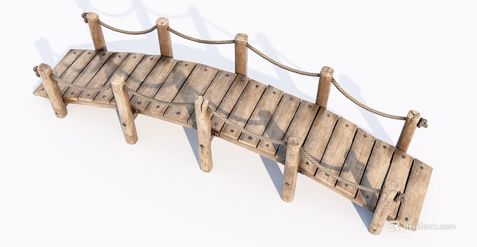 Curved Wooden Bridge With Rope Railings And Wooden Planks Support Posts 3d model 
