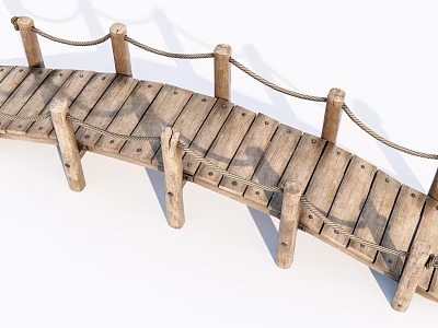 Curved Wooden Bridge With Rope Railings And Wooden Planks Support Posts 3d model