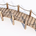 Curved Wooden Bridge With Rope Railings And Wooden Planks Support Posts
