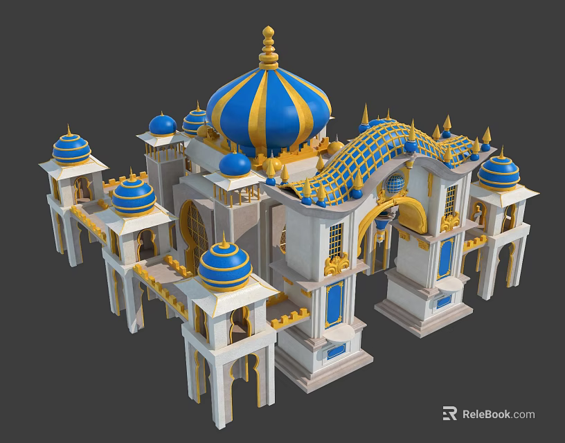 Ornate Palace Style Architecture With Blue Gold Domes White Structure And Golden Decorations 3d model 