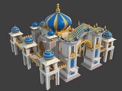 Ornate Palace Style Architecture With Blue Gold Domes White Structure And Golden Decorations 3d model