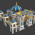 Ornate Palace Style Architecture With Blue Gold Domes White Structure And Golden Decorations
