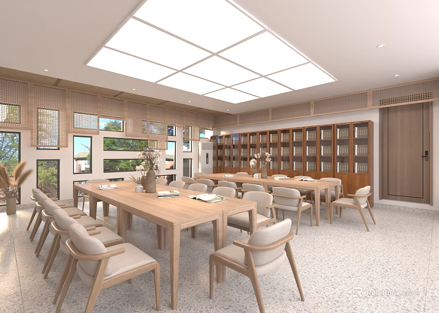 Book Art Space Interior With Wooden Furniture And Skylight 3d model 