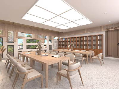 Book Art Space Interior With Wooden Furniture And Skylight 3d model
