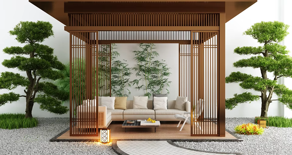 Wooden Garden Pavilion With Open Design Sofa Coffee Table Bamboo Green Plants And Stone Path 3d model 