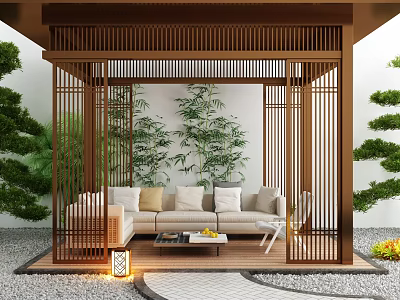 Wooden Garden Pavilion With Open Design Sofa Coffee Table Bamboo Green Plants And Stone Path 3d model
