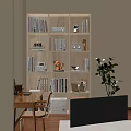 Wooden Bookshelf In Home Office With Organized Books Decorative Items And Potted Plant