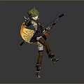 Green Haired Archer Character With Small Animal Pendant And Bow In Dark Golden Trimmed Outfit