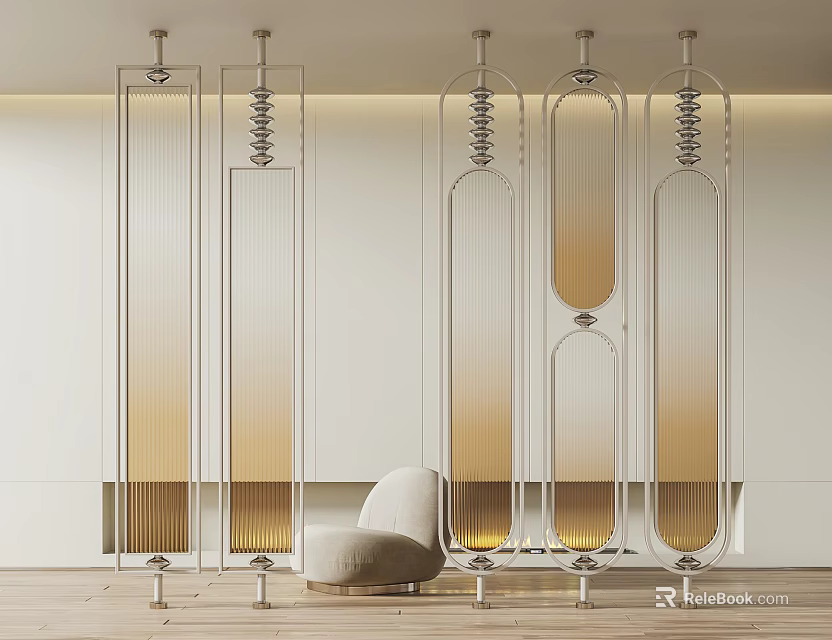 Modern Glass Room Divider With Gold Frame In Minimalist Living Space 3d model 