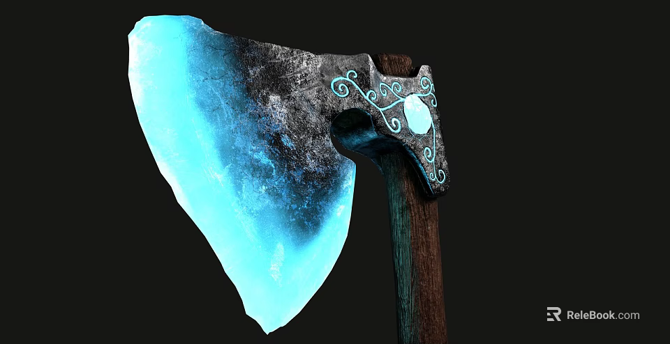 Glowing Blue Crystal Axe With Wooden Handle And Metallic Decorative Patterns 3d model
