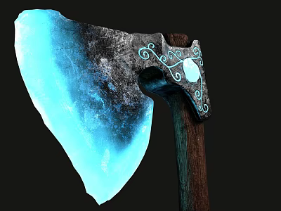 Glowing Blue Crystal Axe With Wooden Handle And Metallic Decorative Patterns 3d model