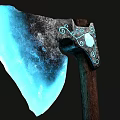 Glowing Blue Crystal Axe With Wooden Handle And Metallic Decorative Patterns 3d model