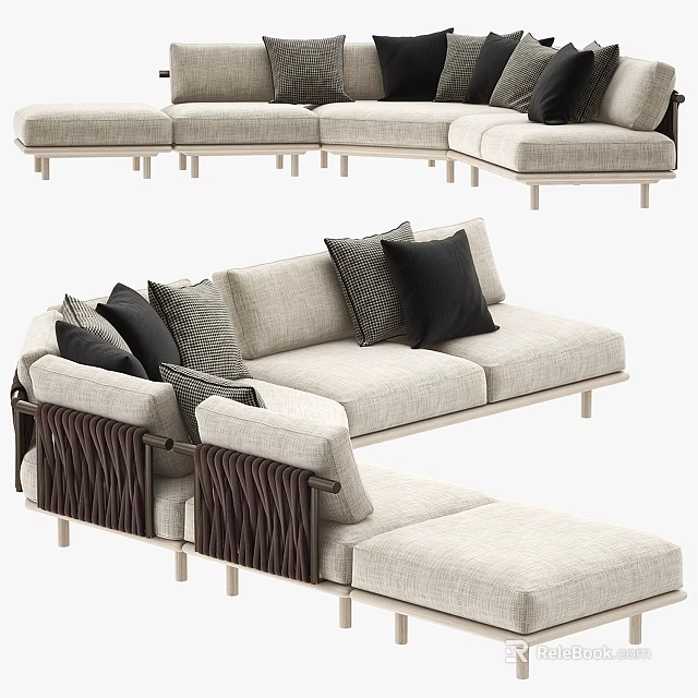Light Beige Sectional Sofa With Woven Armrests And Black Gray Cushions 3d model