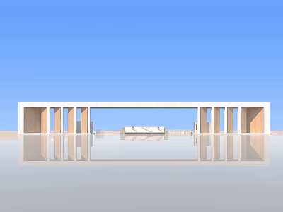Minimalist Entrance Gate Structure With Concrete Columns And Reflective Water Surface Under Blue Sky 3d model