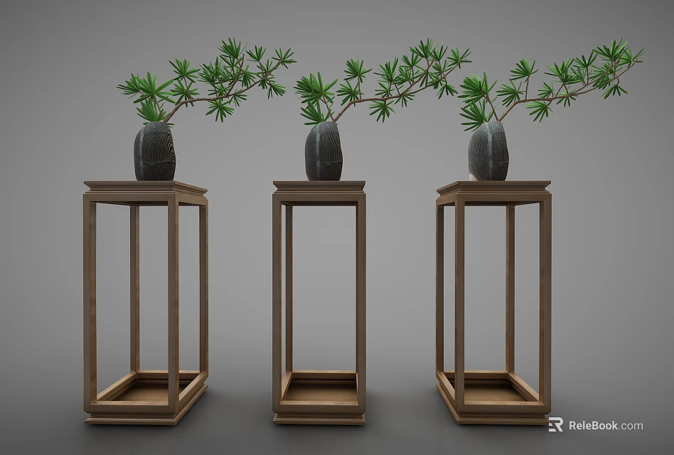 Elegant Bonsai Plants In Dark Pots Placed On Wooden Display Stands With Green Foliage 3d model 