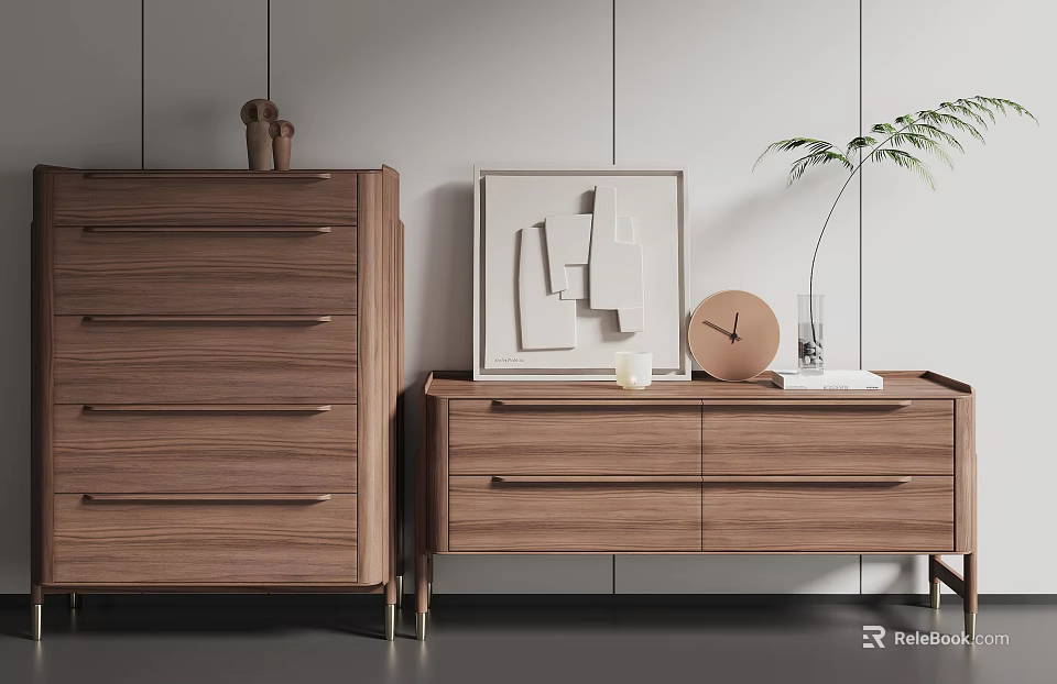 Elegant Modern Entryway Cabinet And Side Cabinet With Walnut Storage Drawers Decorative Plant And Clock 3d model 