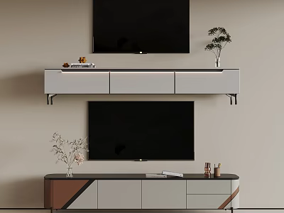 Modern TV Stand With Two TVs White And Brown Decorations And Small Plants 3d model