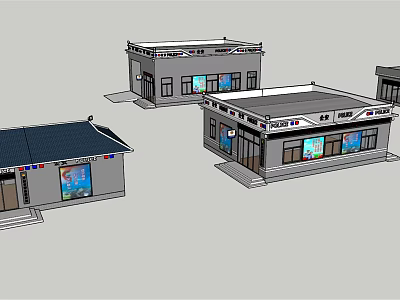 Multiple Commercial Storefronts With Traditional Tile Roof Modern Flat Top And Window Billboards 3d model
