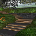 Park Landscape with Stone Steps Lush Green Lawns Trees Stone Walls and Orange Flowers