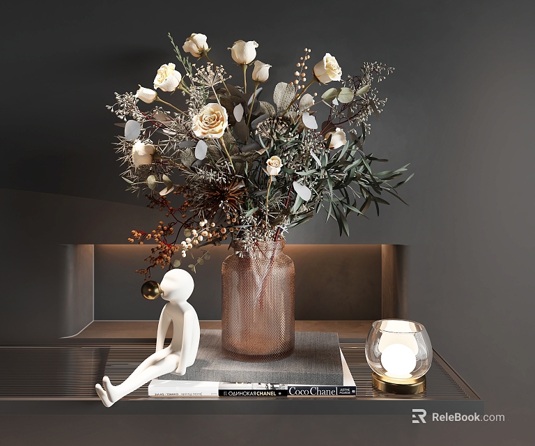 White Roses and Greenery in Elegant Vase on Tabletop Warm Lighting Gray Wall Background 3d model 