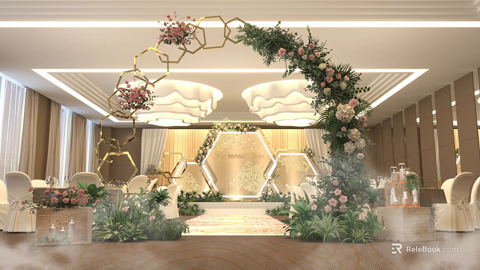 Modern Elegant Banquet Hall With Floral Arch Hexagon Decorations Stage Lighting And Greenery 3d model 