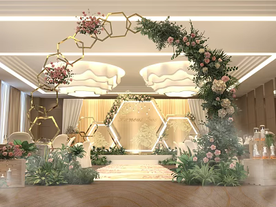 Modern Elegant Banquet Hall With Floral Arch Hexagon Decorations Stage Lighting And Greenery 3d model