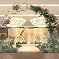Modern Elegant Banquet Hall With Floral Arch Hexagon Decorations Stage Lighting And Greenery
