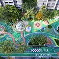 Outdoor Children's Play Area With Green Lawn Play Structures Winding Paths Trees Between Tall Buildings