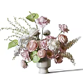 Elegant Flower Arrangement With Pink White Roses Ranunculus And Green Leaves In White Vase