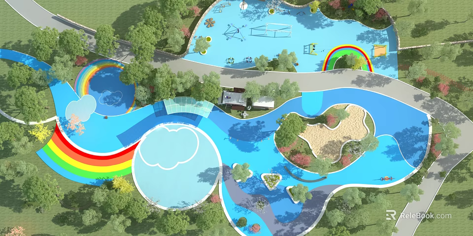 Colorful Kids Play Area With Rainbow Water Features Sand Pit And Trees 3d model 