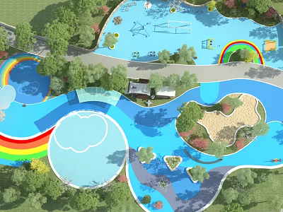 Colorful Kids Play Area With Rainbow Water Features Sand Pit And Trees 3d model
