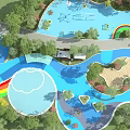 Colorful Kids Play Area With Rainbow Water Features Sand Pit And Trees